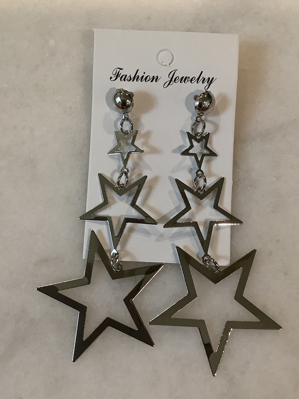 Silver Tone Star Dangle Earrings, Brand New